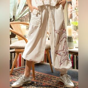 POL Star Patchwork Ivory Joggers | Embroidered Elastic Waist Pants